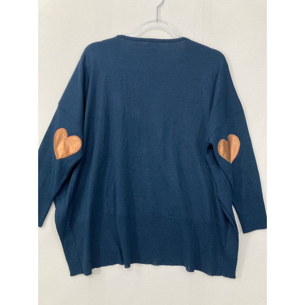 MERSEA Heart Elbow Patch Sweater One Size Navy Oversized Knit Side Slit Pullover